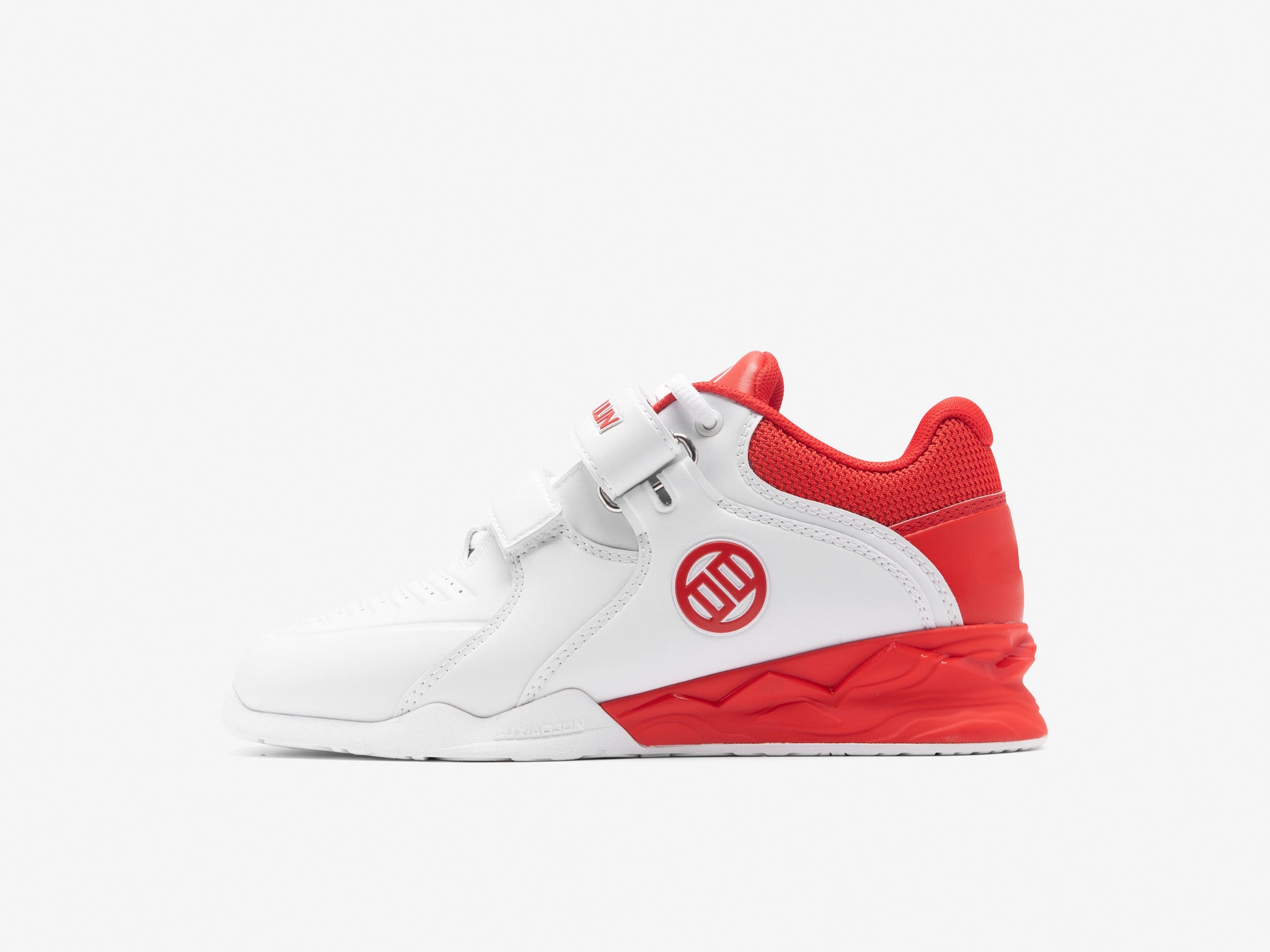 LUXIAOJUN PowerPro I Weightlifting Shoes (Red and White) Right shoe side picture with the logo.