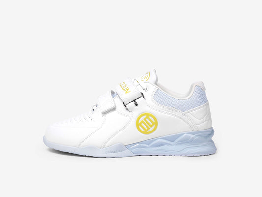 LUXIAOJUN PowerPro Weightlifting Shoes White Left Side with a logo